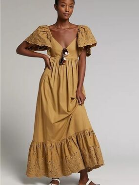 En Saison Brown Eyelet Sleeve Maxi Dress